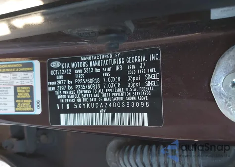 2013 Kia Sorento Ex V6 z USA, uszkodzony, nr VIN 5XYKUDA24DG393098